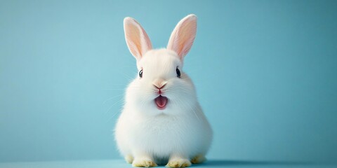 Obraz premium A cute white rabbit with pink ears in a cheerful atmosphere, ideal for Easter promotions, children's events, or pet-themed designs.