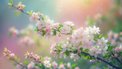 Obraz premium Flowering branches against a colorful blurry backdrop.