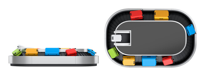 Set of Airport luggage conveyor belt or baggage claim area with suitcases on white background. 3d render of travel vacation concept.