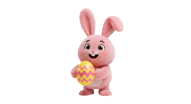 Pink bunny holding a yellow and pink Easter egg, perfect for Easterthemed designs, greeting cards, childrens illustrations, and holiday promotions.
