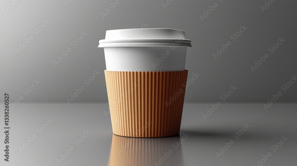 Poster a disposable coffee cup with a textured sleeve rests on a smooth, reflective surface. the design hig
