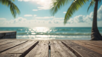 Empty wooden pier or table with sunny beach and sea in the background.