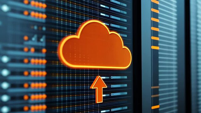 A close-up shot of a glowing cloud icon with an upload arrow hovering over high-tech data servers, representing efficiency, reliability, and the advancement of cloud computing technology