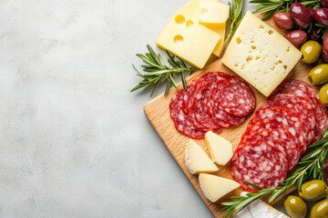 Appetizing charcuterie board with delectable cheese salami and olives on gray table top flatlay arrangement