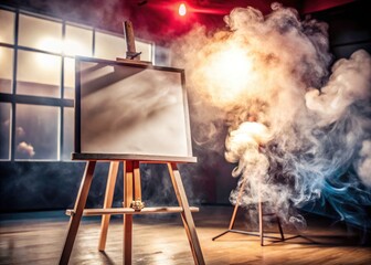 Smoky Easel Canvas, Glowing Art Studio, Abstract Painting, Blank Canvas, Dark Art Photography