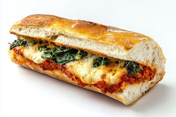 Delicious sub sandwich filled with cheese spinach and tomato sauce on a white background appetizing food photography