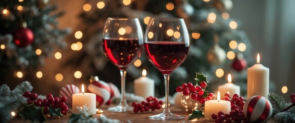 Festive red wine glasses surrounded by ornaments, creating a warm atmosphere. Ideal for celebrations, beverages, and joy.