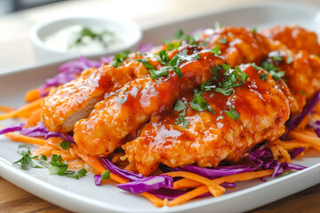 Fototapeta premium Spicy buffalo chicken tenders accompanied by crisp vegetables and rice