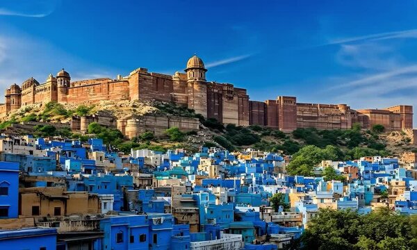 The blue city of Jodhpur, with houses painted in varying shades of blue beneath the mighty Mehrangarh Fort