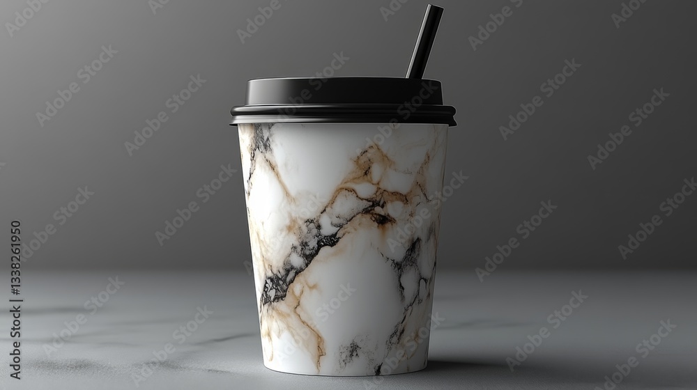 Poster a stylish coffee cup designed with a marble pattern sits on a smooth, neutral surface. it features a