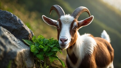Fototapeta premium Brown and white goat beside a gray rock. The goat, with short horns, is munching on a green plant.