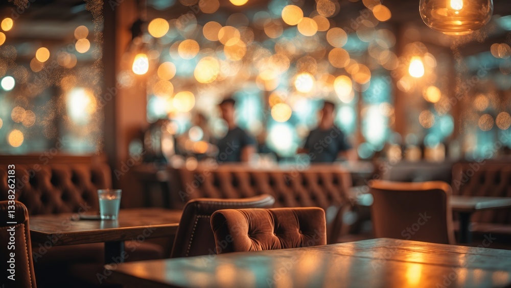 Poster Blurred cafe or coffee shop with an abstract bokeh light background for creating a product display montage.