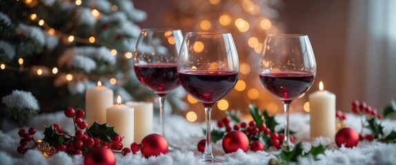 Festive red wine glasses adorned with decorations, evoking a cozy atmosphere. Ideal for celebrations, beverages, and joy.