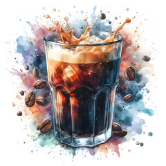 Refreshing iced coffee splashing in a glass with coffee beans and watercolor stains