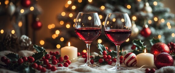 Festive red wine glasses adorned with decorations, creating a warm atmosphere. Ideal for celebrations, beverages, and joy.
