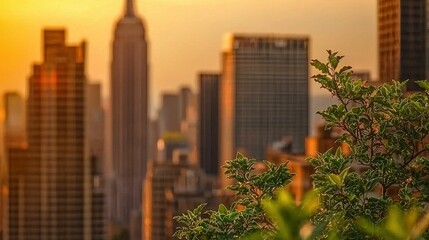 Cityscape sunset with greenery