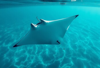 Graceful Manta Ray Gliding Through Azure Waters, a Stunning Underwater Spectacle of Nature's Majesty