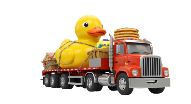 Red truck with yellow duck is perfect for transportationthemed designs, childrens book illustrations, playful concepts, and toy packaging visuals.