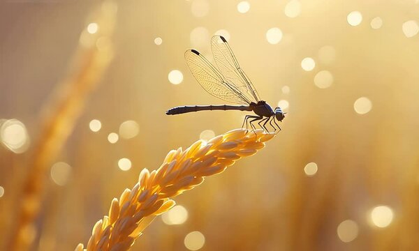 Close-up of rice grains with a dragonfly perched on a stalk, detailed shot