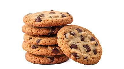 A stack of chocolate chip cookies. The cookies are piled on top of each other. The cookies are all the same size and shape