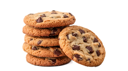 A stack of chocolate chip cookies. The cookies are piled on top of each other. The cookies are all the same size and shape