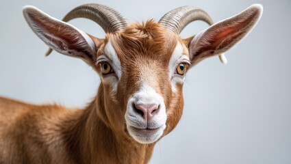 Fototapeta premium Brown Smiling Goat Head Isolated on White Background