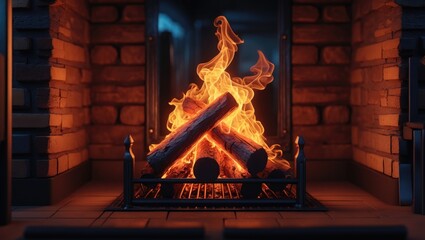 Fireplace ablaze with firewood logs. Cozy warm home