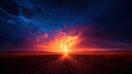stunning sunset with vibrant colors illuminating sky, featuring dramatic clouds and lightning striking horizon, creating breathtaking natural scene