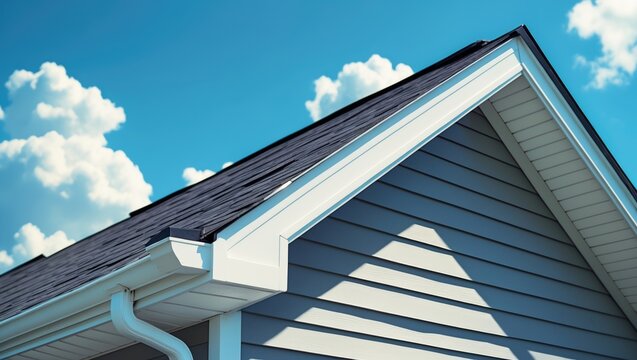 White frame gutter guard system featuring gray horizontal vinyl siding fascia, drip edge, and soffit on a sloped roof attic in a high-end single-family home neighborhood.