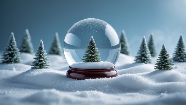 Close-up of a vacant and solitary snow globe adorned with snow positioned in the center of a synthetic forest. Concept of prevention for this season.