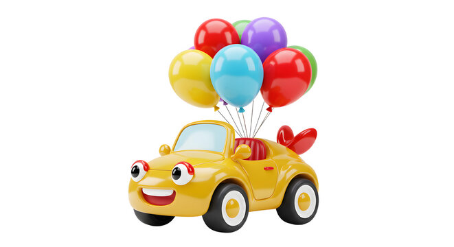 Yellow cartoon car with colorful balloons flying off it; perfect for birthday party invitations, childrens event posters, or carthemed designs.