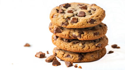Three chocolate chip cookies stacked on top of each other. A piece of cookie is missing. The cookies are on a white plate