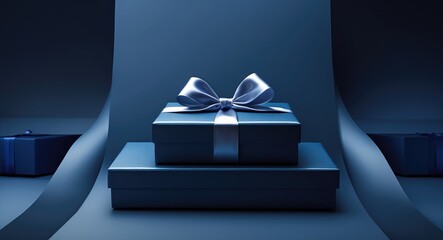 Two luxury gift boxes adorned with a bow against a dark blue background. Monochrome side view. Gift intended for him. Concept for a corporate gift or birthday celebration. Festive sale banner with ...