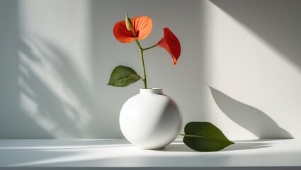 Modern minimalist Nordic round ceramic vase featuring a red Anthurium flower and green leaf on a white backdrop illuminated by sunlight and shadows on a wall. Trendy interior design decor.