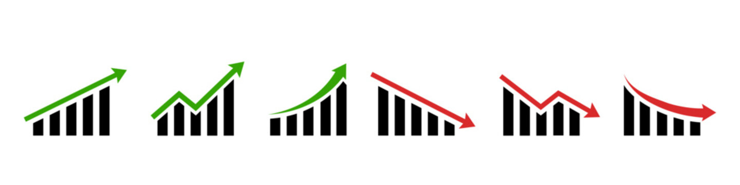 Graph rise and decrease. Red arrow goes down sign. Green market up. Crisis icon isolated.