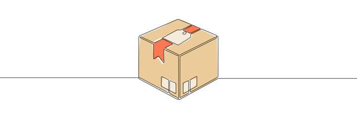 Minimalist Line Art of a Shipping Package. Continuous line drawing of a sealed cardboard box with labels and a tag, symbolizing delivery, and logistics