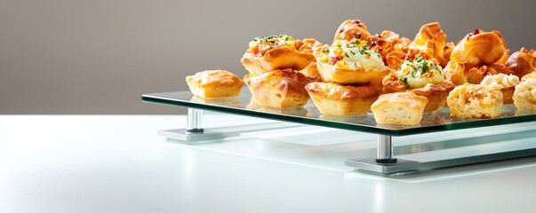 Close up shot of savory tarts and pastries assorted on a glass display tray neutral backdrop for elegant catering concept