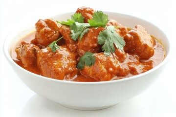 Delicious chicken tikka masala with cilantro garnish served in white bowl on bright background