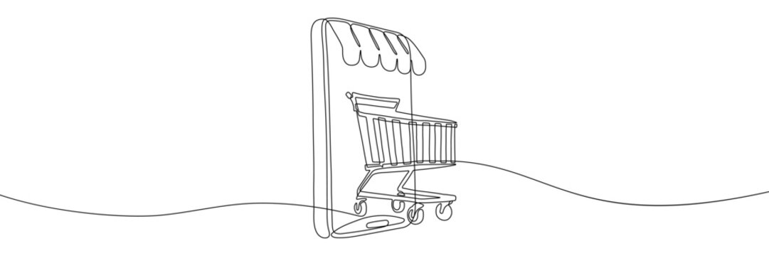 recommend clip art: Continuous one-line drawing vector illustrating a smartphone with a shopping cart, symbolizing online shopping, e-commerce, and digital retail transactions
