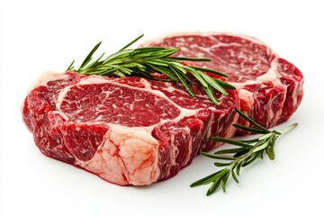 Obraz premium Exquisite close up of fresh raw ribeye steak with rosemary on white background showcasing marbling texture