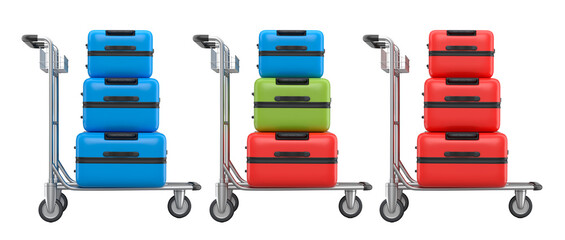 Set of Regular polycarbonate suitcase on hotel trolley cart for carrying baggage on white background. 3d render travel concept of hotel service on vacation and luggage transportation