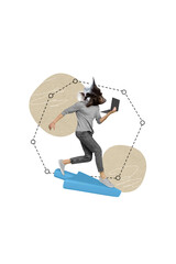 Poster collage sketch of weird unusual strange person animal head use wireless netbook hurry work...