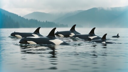 Fototapeta premium Pod of Northern Resident Killer Whales Orcas. A large group of male, female, and calves of the Endangered Orcas. Distinctive male dorsal fins and eye patches.