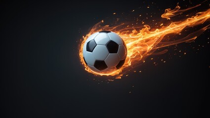 The soccer ball soars with lightning-speed magical effects in a futuristic orange flame set against a black background.