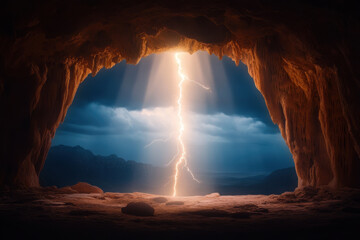 stunning underground cave illuminated by dramatic lightning bolt, showcasing contrast between darkness and light. atmosphere is charged with energy and mystery