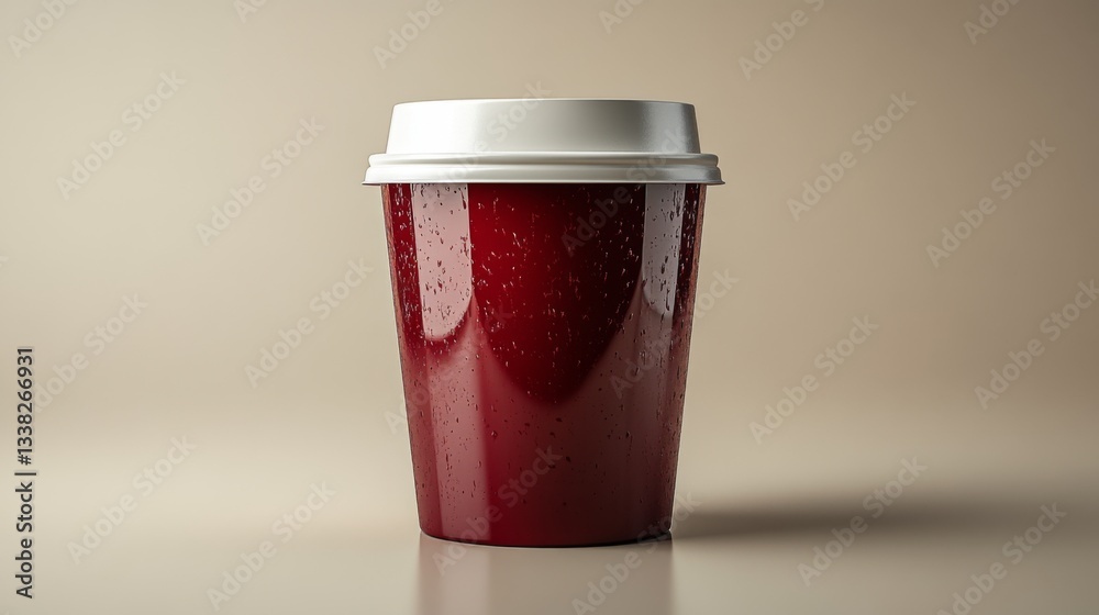 Poster a red cup with a white lid sits on a smooth surface, displaying droplets of water. the background su