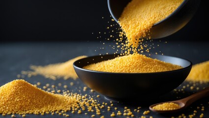 The dry polenta is being poured into a plate of porridge. The action of pouring dry polenta onto a dish.
