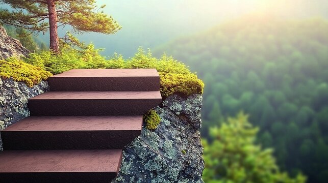 Elevated steps on a cliff overlooking a lush valley