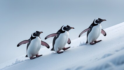 Obraz premium Three Chinstrap penguins glide down a snowy slope.