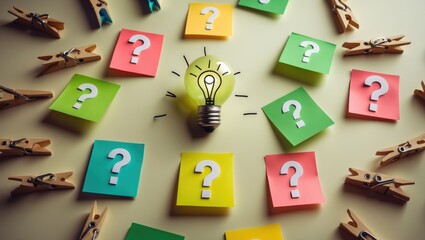 A collection of clothespins adorned with question marks on stickers and one light bulb, symbolizing a bright idea. Concept of business, management, markets, creativity.